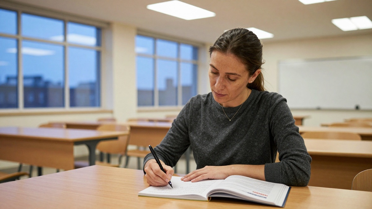 Erwachsene Frau in einem ruhigen modernen Klassenraum der Abendschule schreibt konzentriert in ein Notizbuch