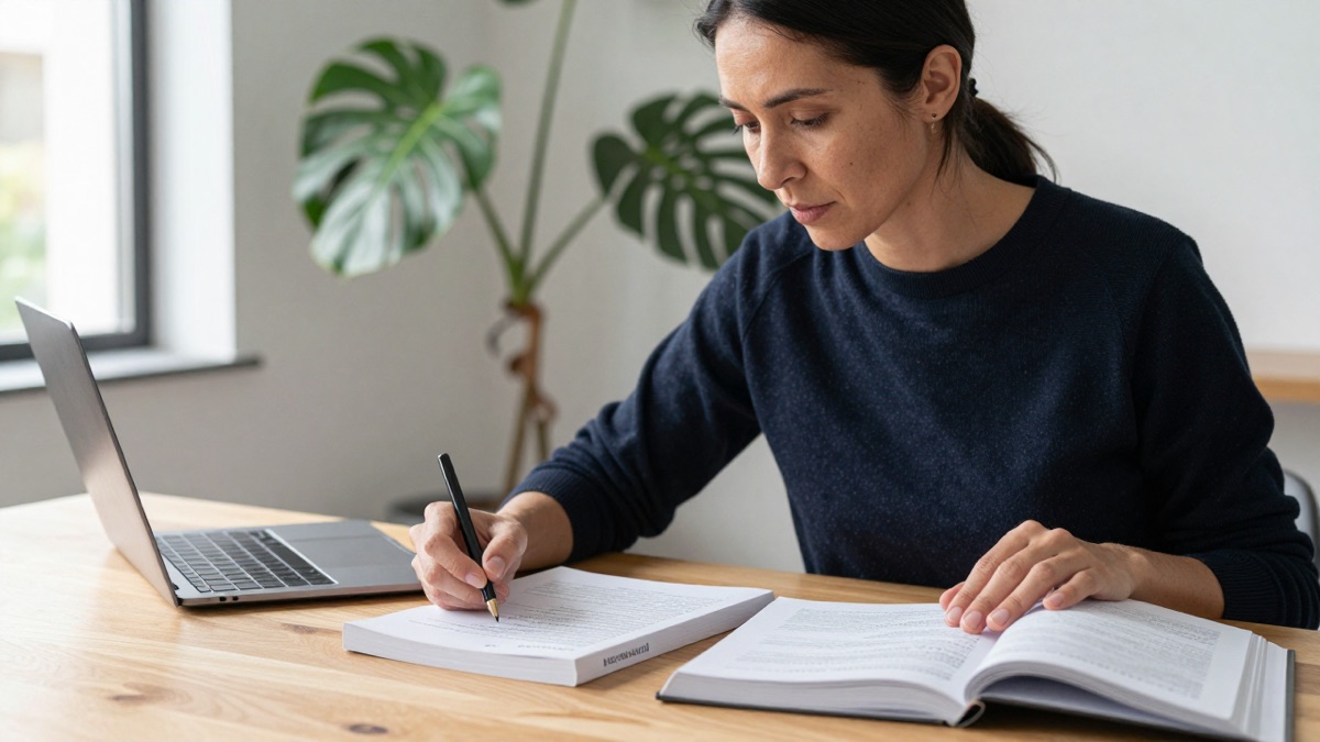 Erwachsene Frau am Holztisch arbeitet konzentriert mit zwei aufgeschlagenen Lehrbüchern und Notizbuch zur Vorbereitung auf den Erweiterten Realschulabschluss