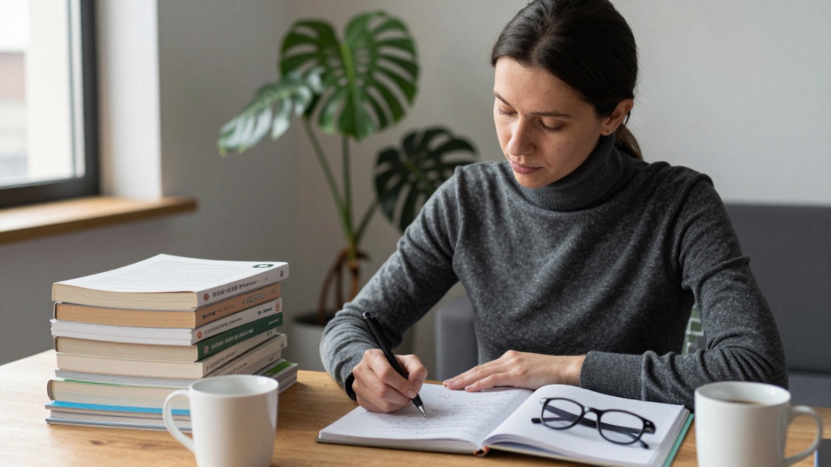 Erwachsene Frau am Schreibtisch zu Hause arbeitet allein mit hohem Lehrbücher-Stapel und Notizen zur Vorbereitung auf die Externenprüfung