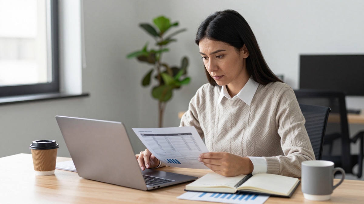 Junge Berufstätige in moderner Bürosituation prüft Gehaltsvergleich auf Laptop und Notizen