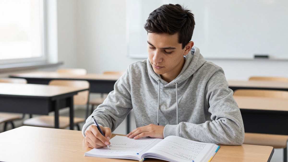 Junger Erwachsener im Klassenraum einer Erwachsenenbildung schreibt konzentriert in ein Mathe-Übungsheft