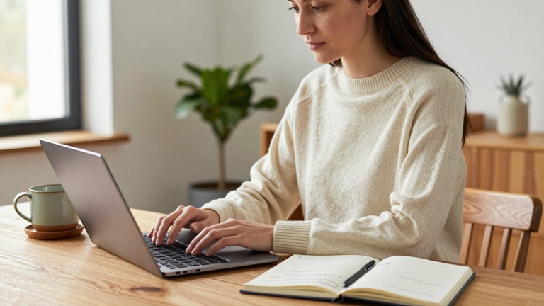 Frau am Laptop beim Lernen für den Realschulabschluss in Leipzig
