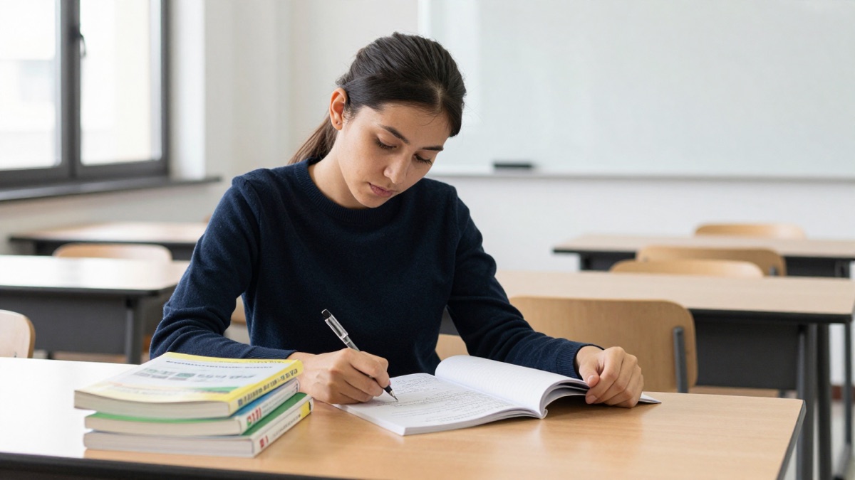 Erwachsene Frau in einem modernen Klassenraum eines Kollegs schreibt konzentriert mit drei Lehrbüchern und Notizbuch