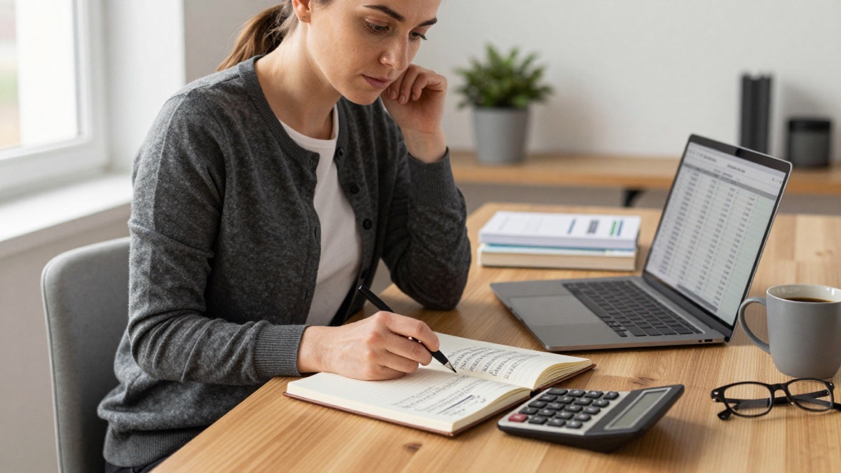 Erwachsene Frau am Schreibtisch arbeitet mit Notizbuch, Taschenrechner und Laptop an Kostenkalkulation für ihren Schulabschluss