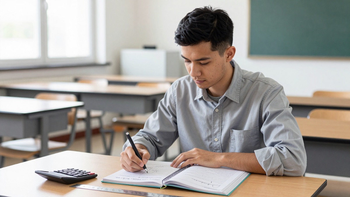 Junger Auszubildender in einer Berufsschule arbeitet mit technischem Lehrbuch, Rechner und handschriftlichen Notizen