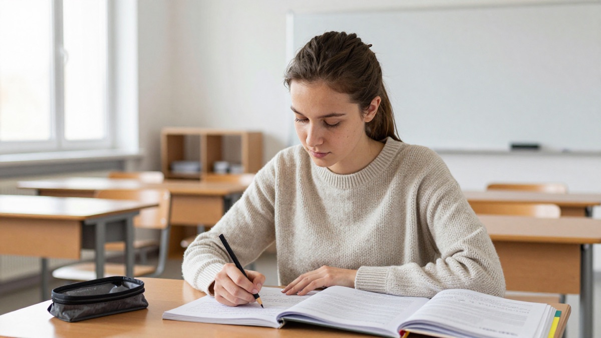 Junge Schülerin im hellen Klassenraum einer modernen Mittelschule arbeitet konzentriert mit Übungsbuch und Notizheft