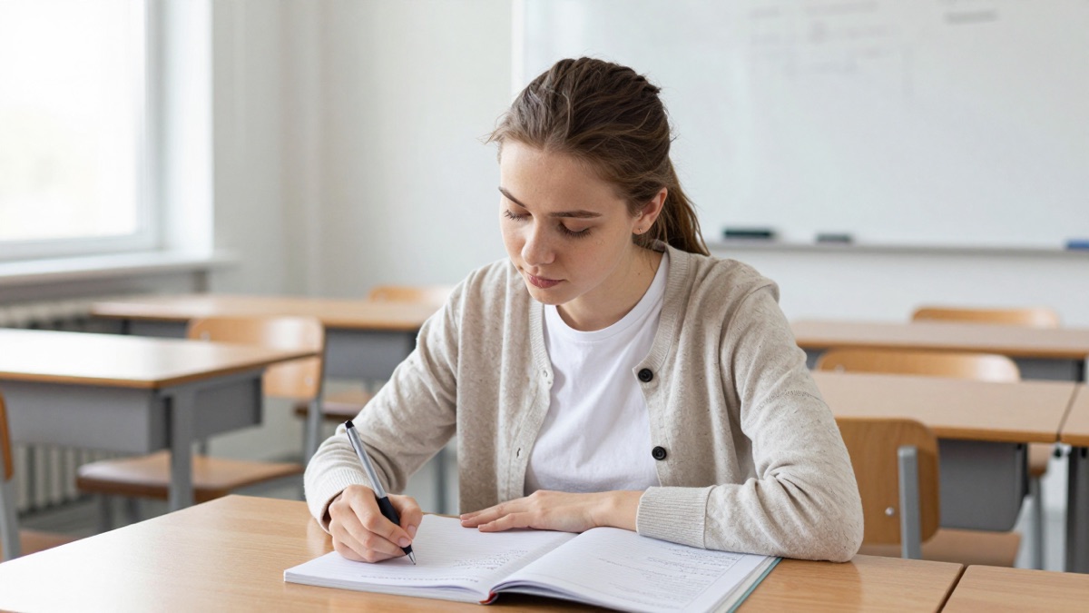 Schülerin der Werkrealschule am Holzschultisch arbeitet konzentriert mit Heft und Lehrbuch