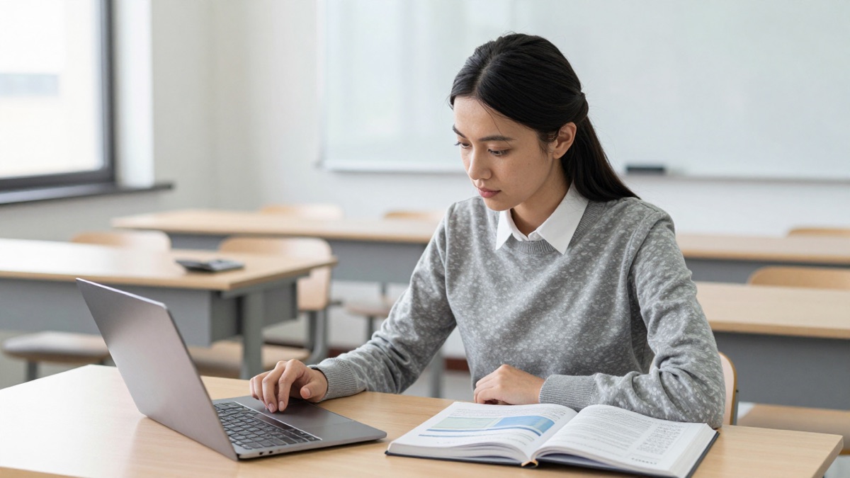 Schülerin der Wirtschaftsschule arbeitet konzentriert mit Lehrbuch, Notizen, Taschenrechner und Laptop