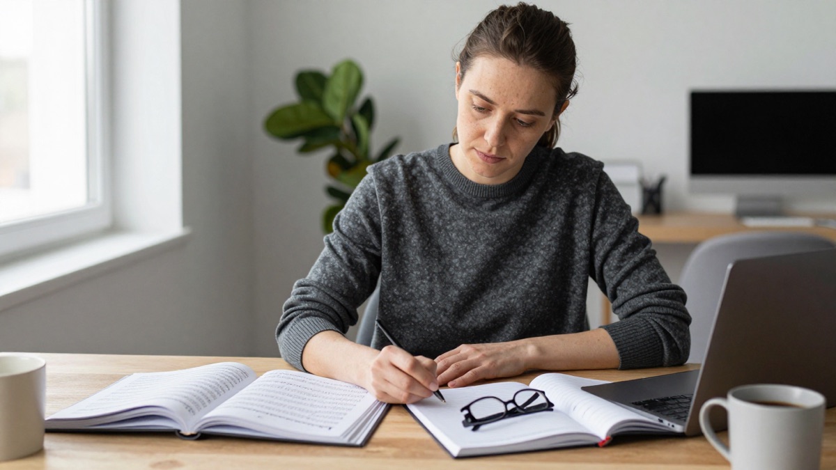Erwachsene Frau am Schreibtisch zu Hause arbeitet mit zwei Übungsbüchern unterschiedlicher Niveaus und Online-Lernplattform