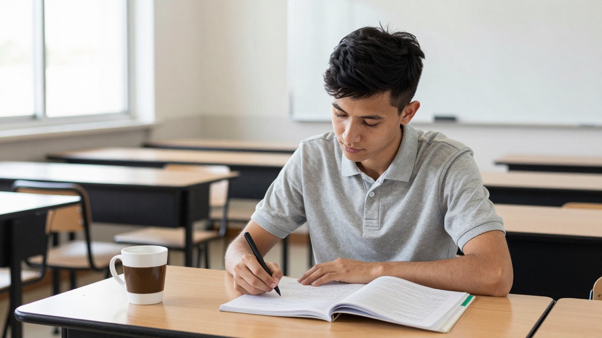 Junger Auszubildender im Berufsschulraum mit Übungsbuch und Notizen arbeitet konzentriert während seiner dualen Ausbildung