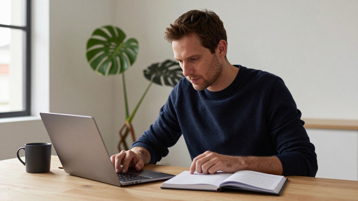 Junge Frau lernt am Laptop und mit aufgeschlagenem Buch zuhause am Schreibtisch