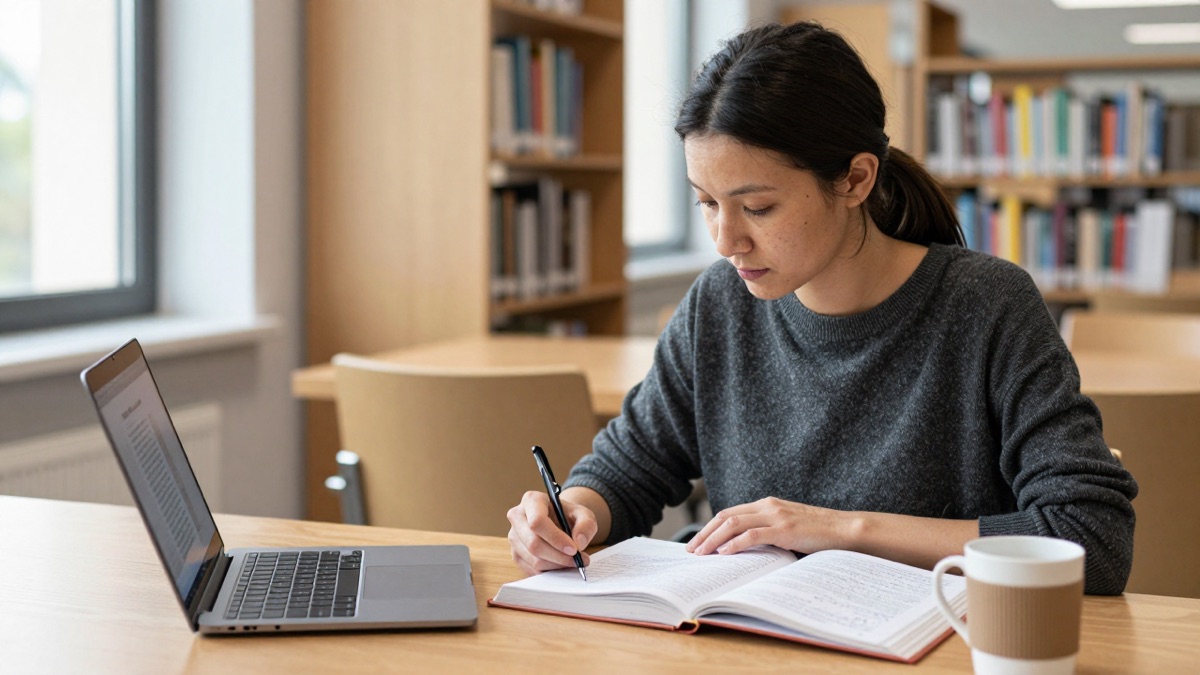 Erwachsene Studentin in moderner Hochschulbibliothek lernt mit Fachbuch, Notizen und Laptop
